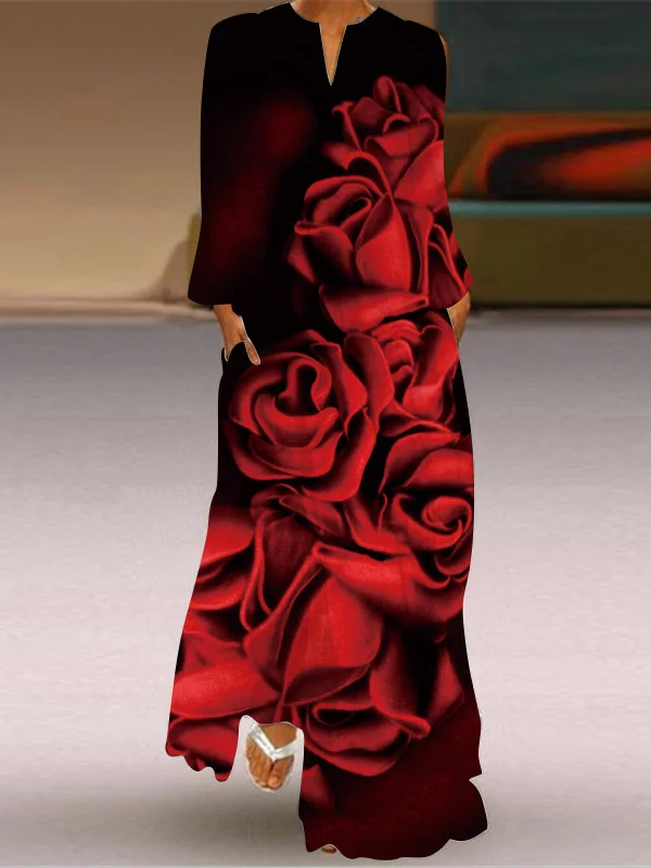 Long Sleeves Loose Floral Printed Gradient V-Neck Maxi Dresses