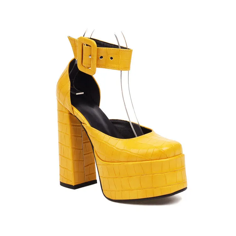 VCSHOES Glossy Glossy Solid Color Round Toe Hollow Out Chunky Heel High Heels Platform Sandals