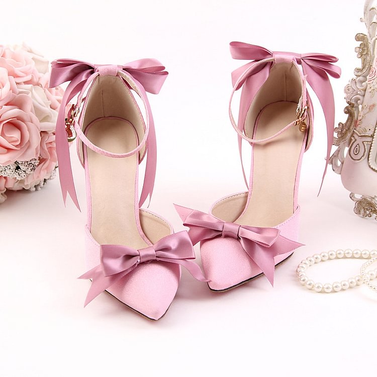 Pink Bow Wedding Shoes Pointy Toe Stiletto Heels Ankle Strap Pumps |FSJ Shoes