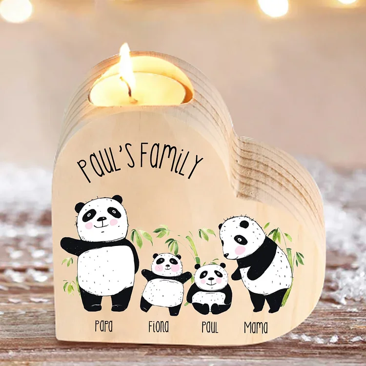 Family Panda Heart Candle Holder Personalized Wooden Candlestick Custom 4 Names