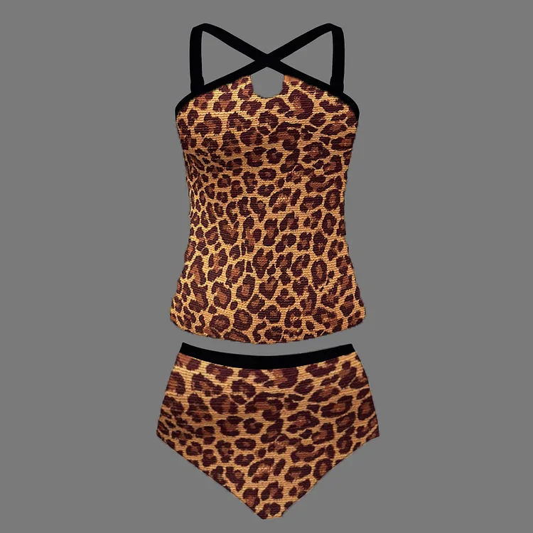 Vacation Leopard Pattern Hollow Cross Collar Swimwear 2Pcs Set