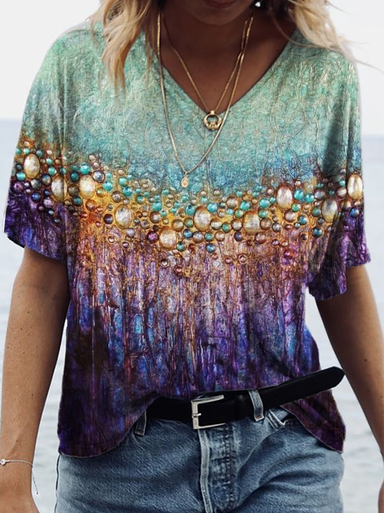 Comstylish Ocean Diamond Contrast Art Women's V Neck T Shirt
