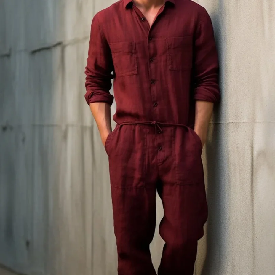 Men's Bohemian Holiday Style Plain Linen Simple Casual Jumpsuit-inspireuse
