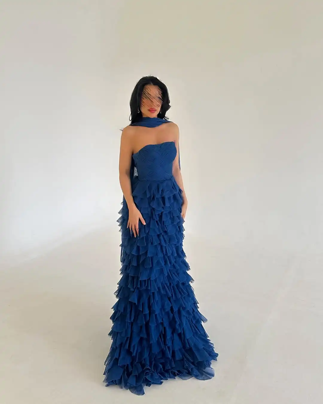 Lussooy Classic Royal Blue Straight Across Sleeveless Evening Dress With Scarf