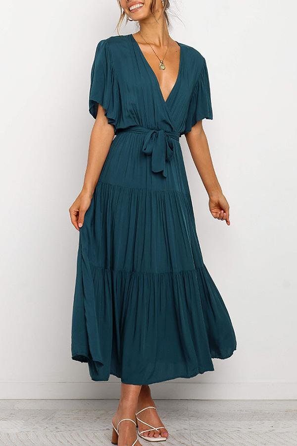 Ruffled Sleeve V-neck Tie Waist Maxi Dress P14491