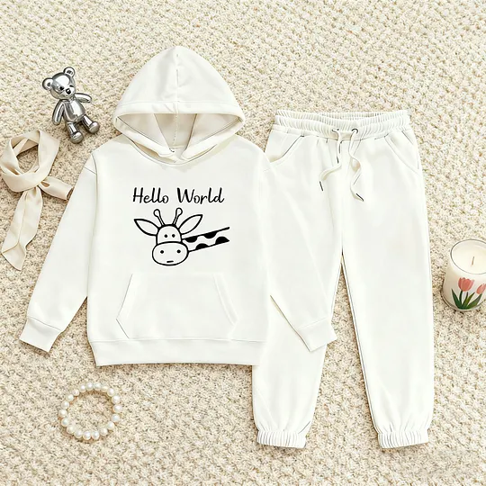 【2Y-13Y】Festive Fleece-Lined Hoodie And Jogger Set Hello World Giraffe Design For Kids
