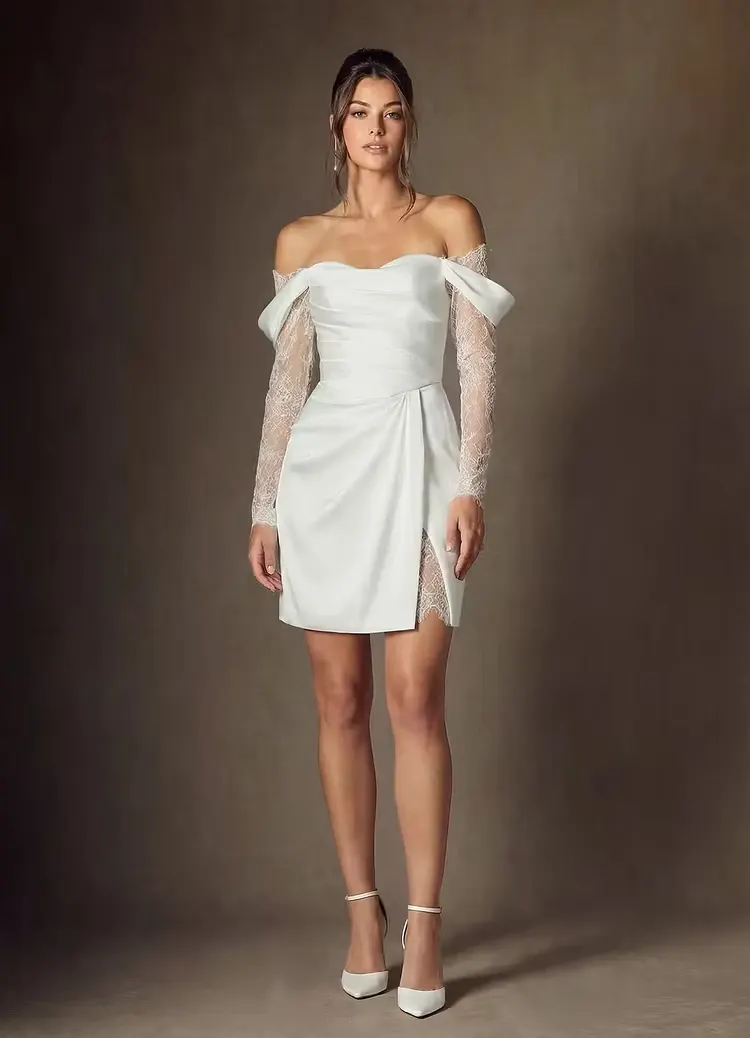 Iconic White Satin Off-The-Shoulder Mini Homecoming Dress With Lace Long Sleeves ZJ0103
