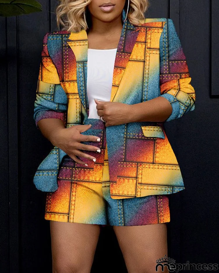 Women Fashion Casual Multicolor Geometric Print Blazer Jacket Shorts Two-Piece Set