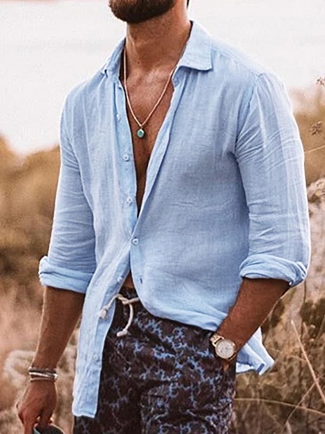 Men's solid color cotton linen long sleeved shirt
