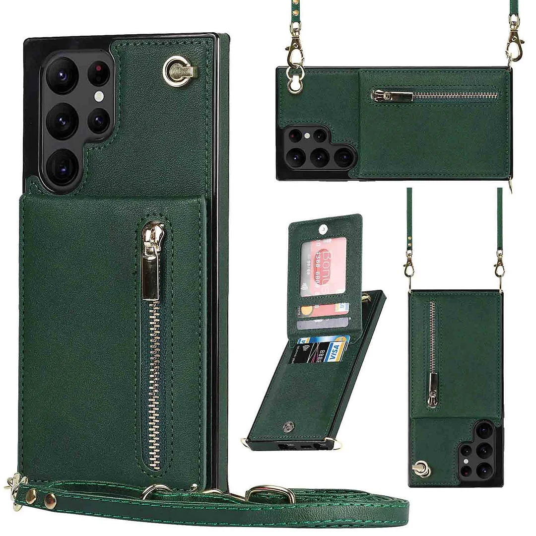 Luxury Leather Crossbody Lanyard Zipper Protective Phone Case With Phone Card Holder For Galaxy S22/S22+/S22 Ultra 5G