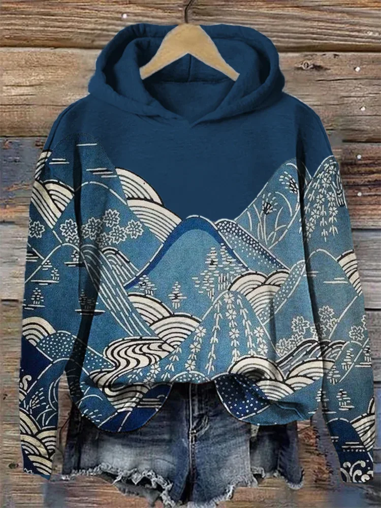 Women's Mountains & Waves Landscape Japanese Art Cozy Hoodie