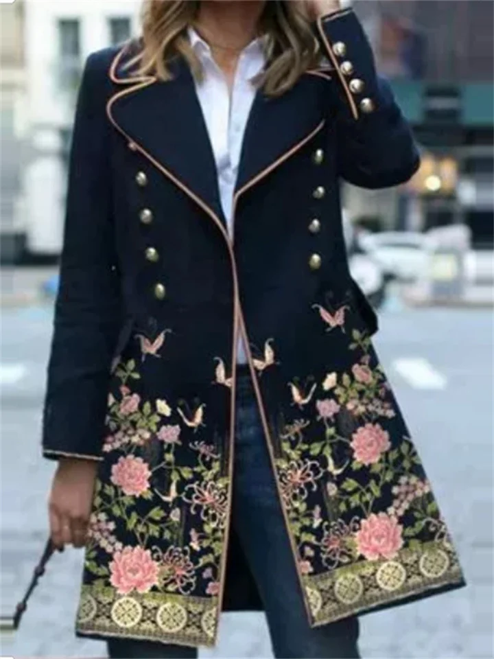 Women's Winter Coat Casual Jacket Windproof Warm Outdoor Street Daily Vacation Button Pocket Print Double Breasted Lapel Modern Street Style Floral Regular Fit Outerwear Long Sleeve Winter Fall Dark