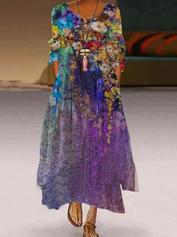 Art Painting Flowers Long-Sleeve Maxi Dress