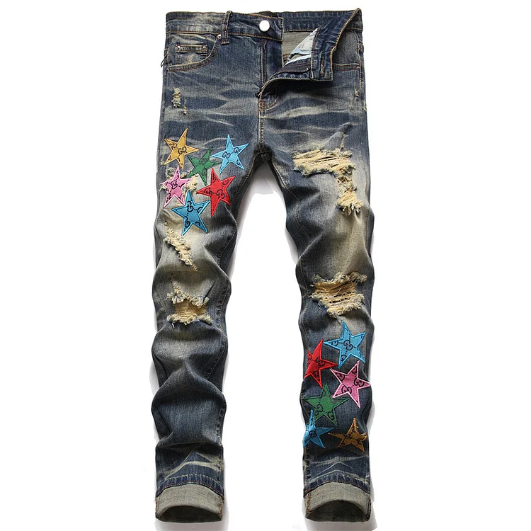 patched ripped denim men jean slim fit streetwear pantalones jeans