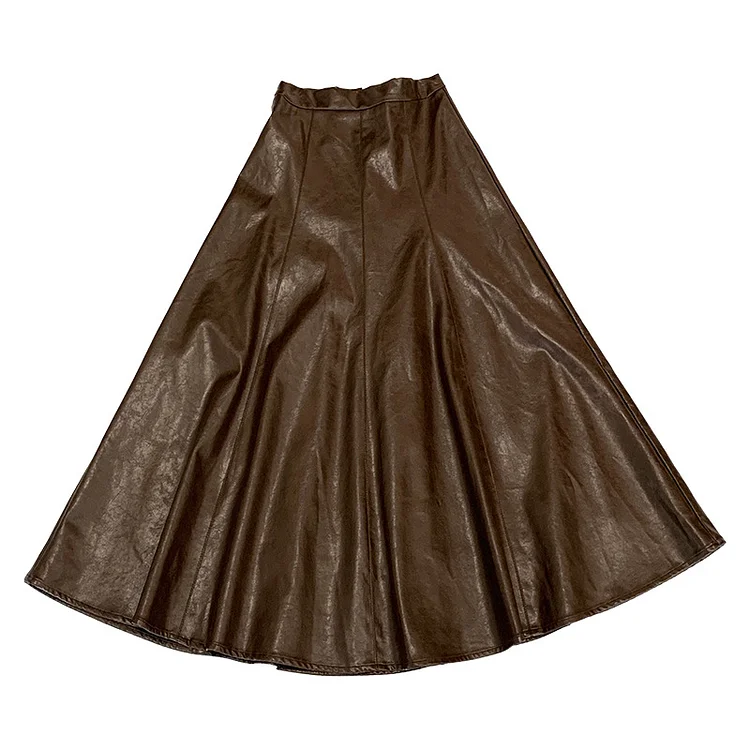 Retro High Waist Solid Color Leather Skirt