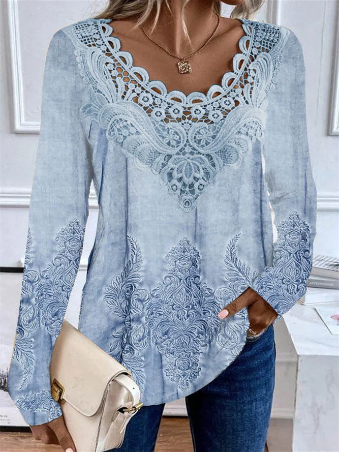 Women's Long Sleeve Scoop Neck Lace Stitching Floral Printed Top