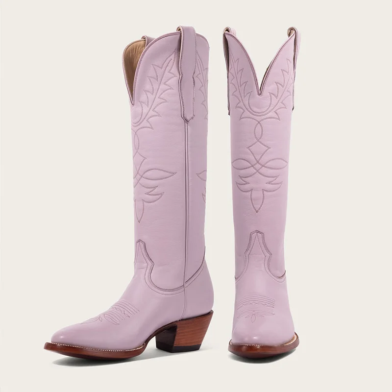 Light Purple Pointy Toe Block Heel Embroidered Mid Calf Cowgirl Boots Nicepairs
