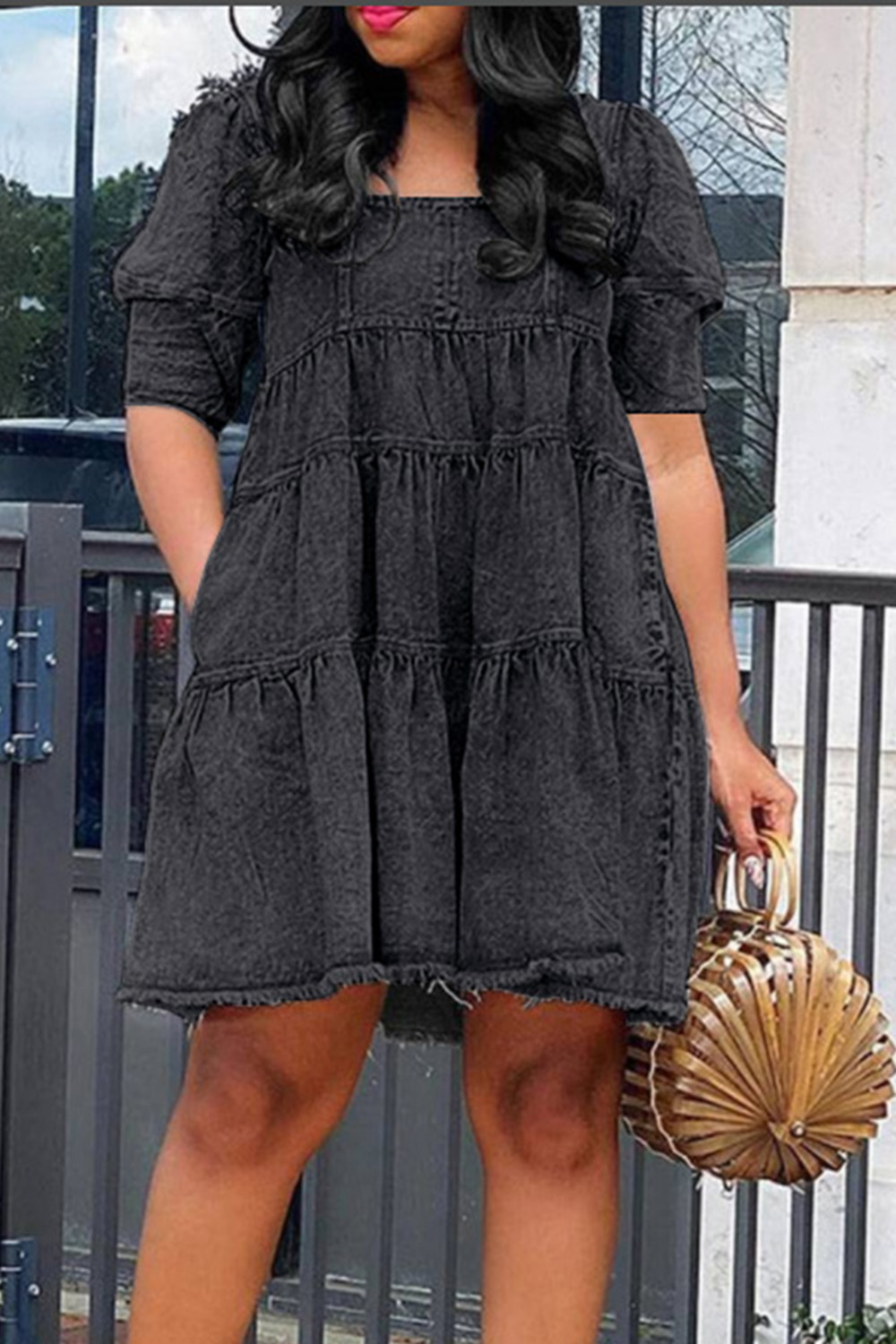 Plus Size Grey Daily Denim Puff Sleeve Babydoll Dress Mini Dress [Pre-Order]