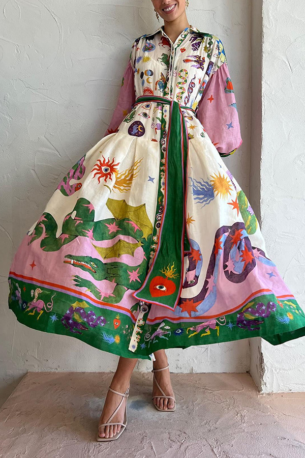 Rotimia Retro French court style pleated maxi print dress