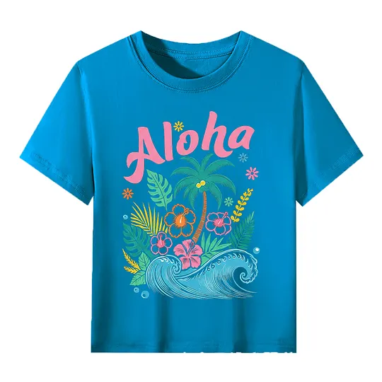 【2Y-13Y】Kids' “Aloha” Fresh Tropical & Hawaiian Style Cartoon Print T-Shirt