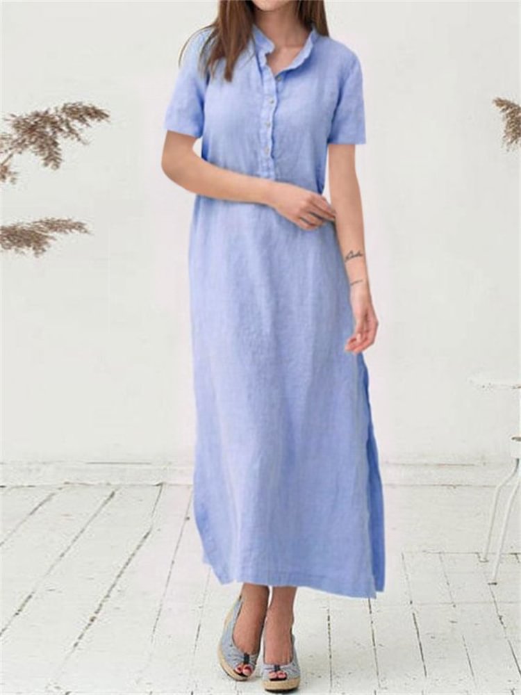 Side Slit Short Sleeve Maxi Shirt Dress