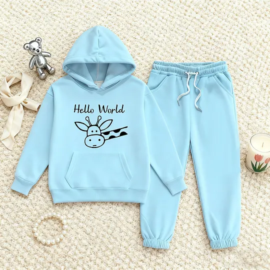 【2Y-13Y】Festive Fleece-Lined Hoodie And Jogger Set Hello World Giraffe Design For Kids