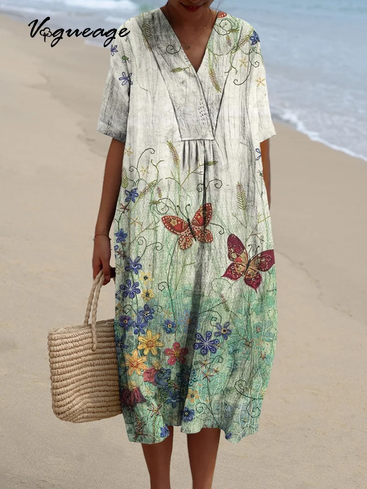 Elegant Gentle And Comfortable Flowers And Butterflies Printed Women's Casual Cotton And Linen Dress