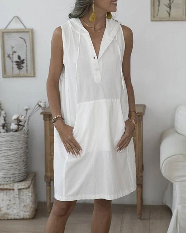 Casual Solid Buttoned Drawstring Hooded Pockets Mini Dress - Chicaggo