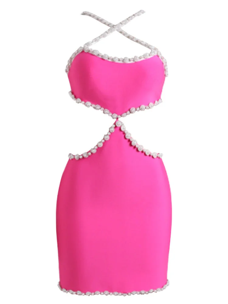 ABEBEY-Pink Pearl  Cross-neck Bandage Dress