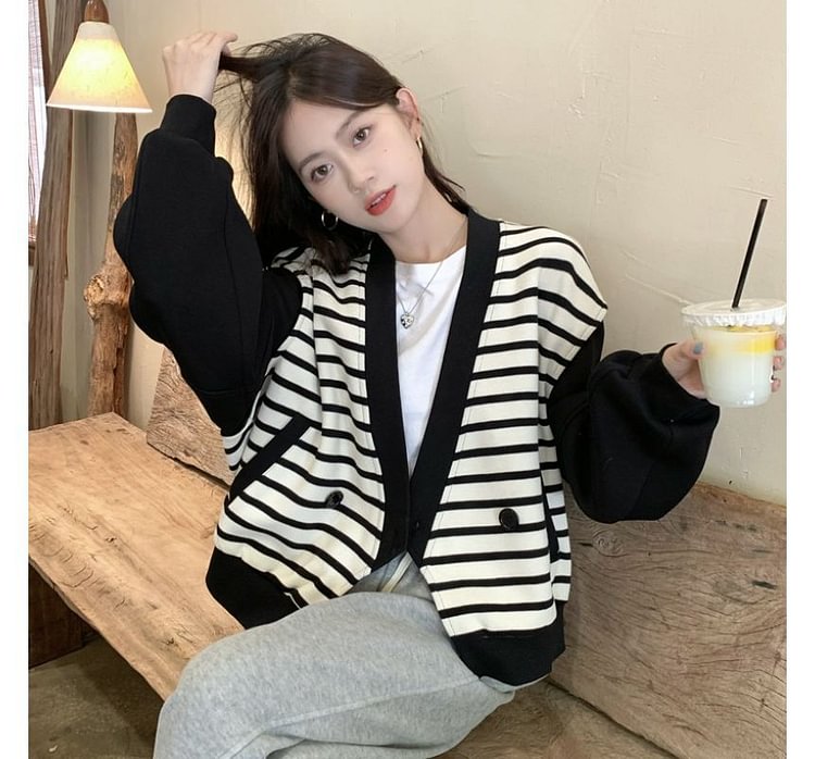 Striped Drop-Shoulder Double-Breasted Jacket E587