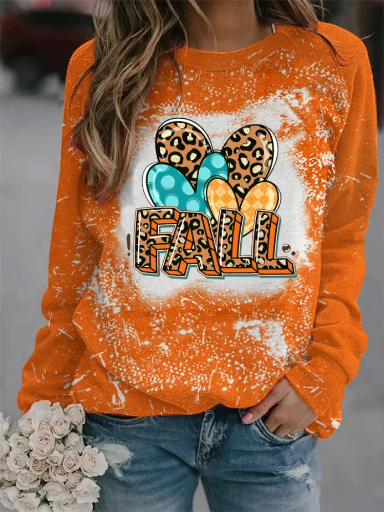 Fall Leopard Heart Check Bleached Sweatshirt