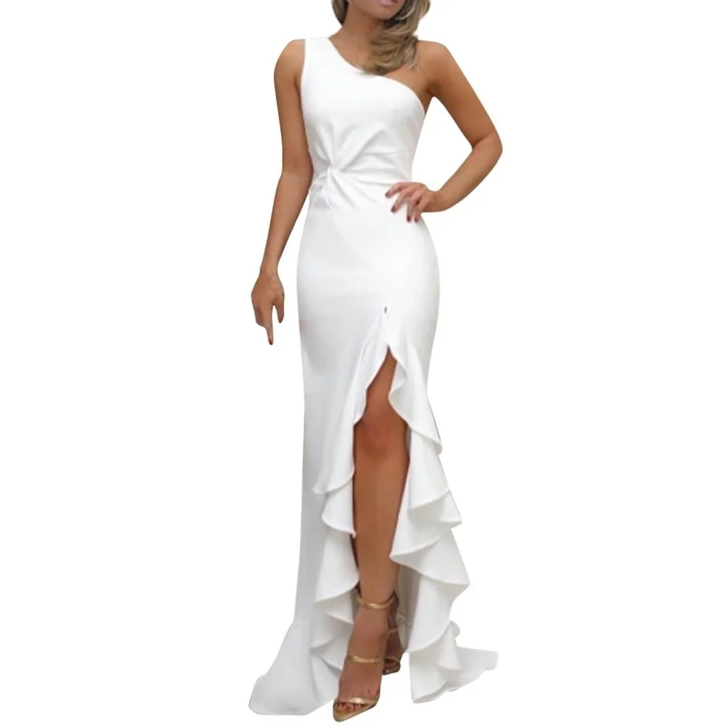 Abebey Women High Split Maxi Dresses  One Shoulder Ruffles Long Dress Wedding Elegant Off Shoulder Evening Party Dresses Hot