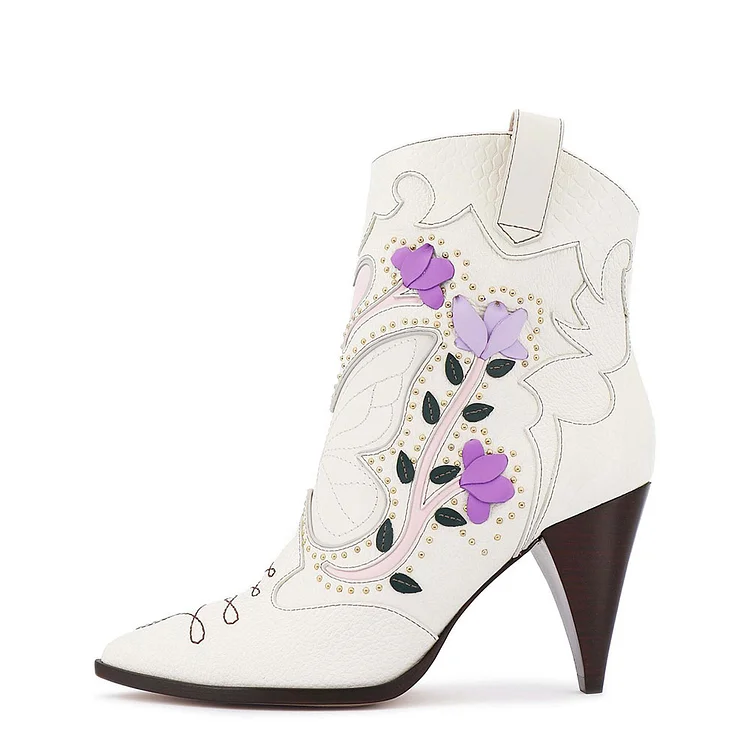 White Studs Booties Cone Heel Butterfly Floral Cowgirl Boots |FSJ Shoes