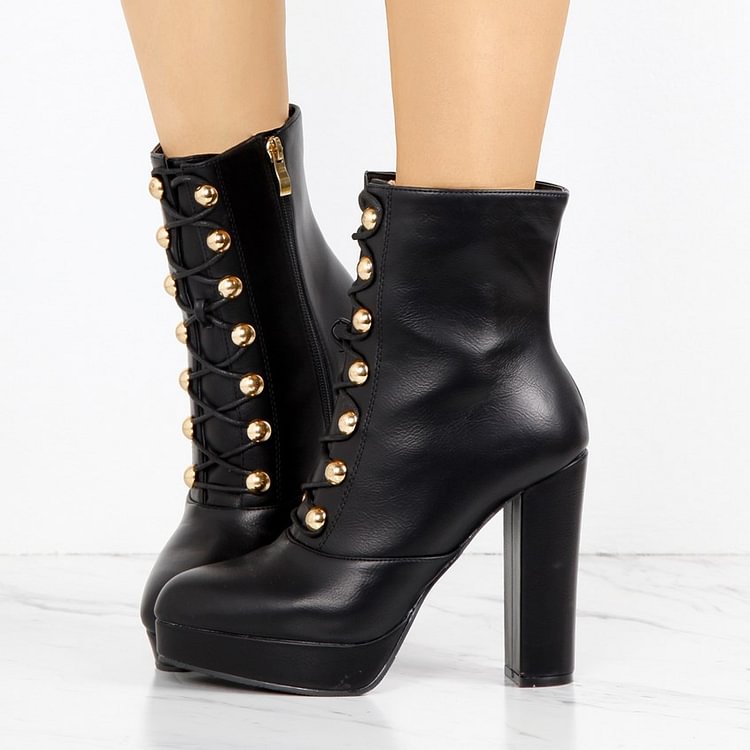 Black Platform Chunky Heel Boots Rivets Lace Up Ankle Booties |FSJ Shoes