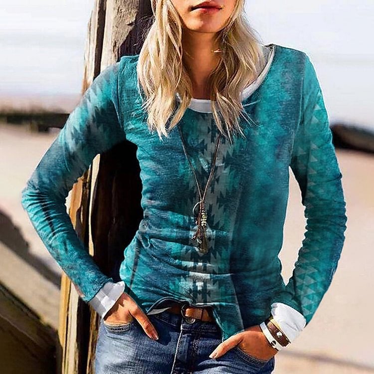 VChics Western Round Neck Geometry Printed Long Sleeve T-Shirt