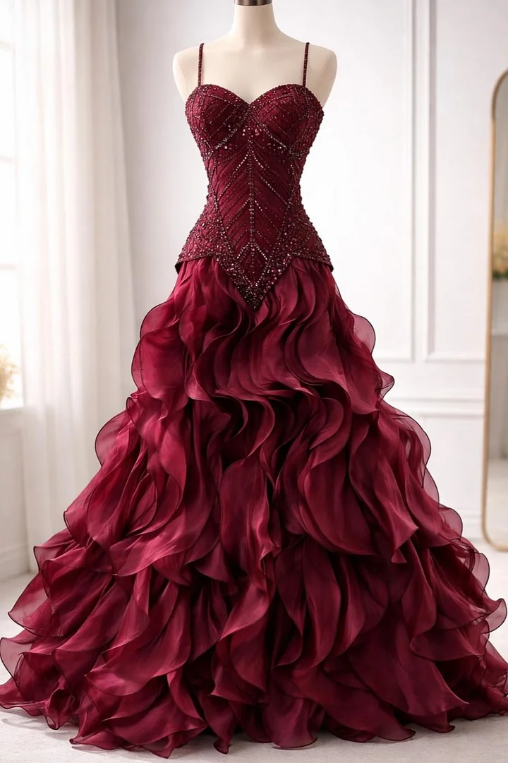 Sweetheart Spaghetti Straps Sleeveless High-Waisted Long A-Line Prom Dress With Pleated And Beading | LR0323 Wellcucu