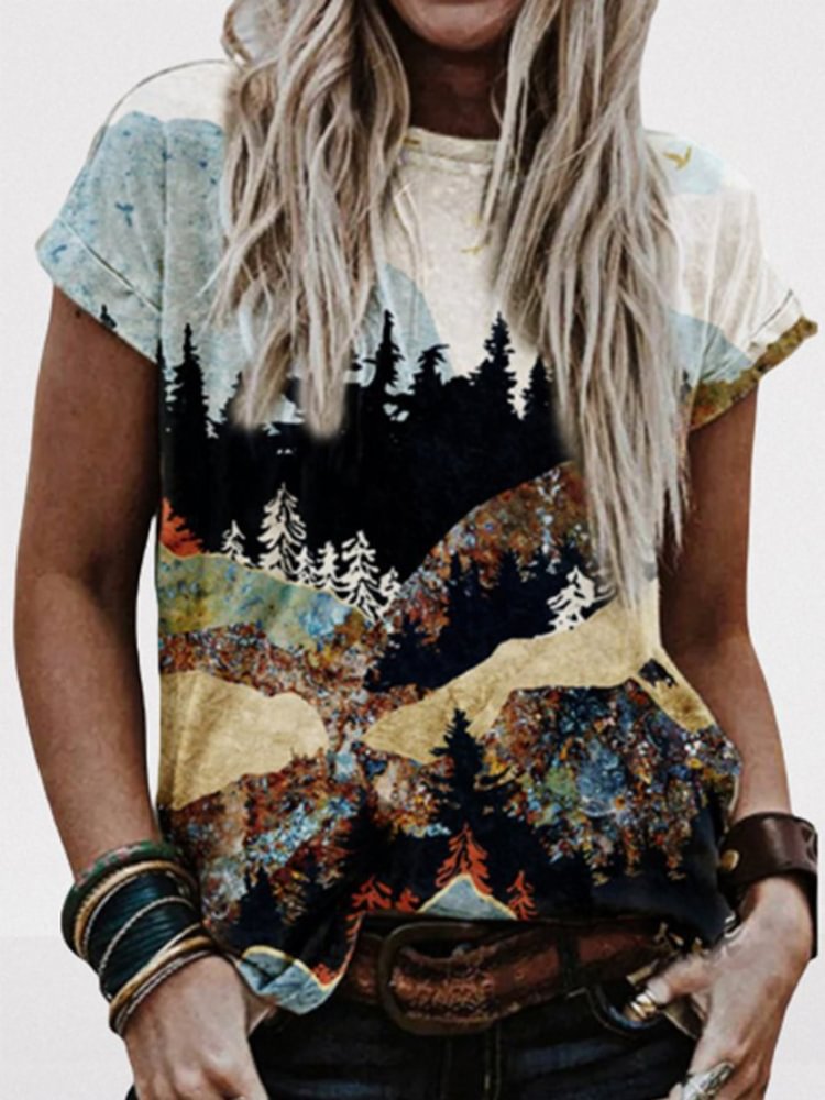 Abstract Landscape Art Series Printed Casual Tee