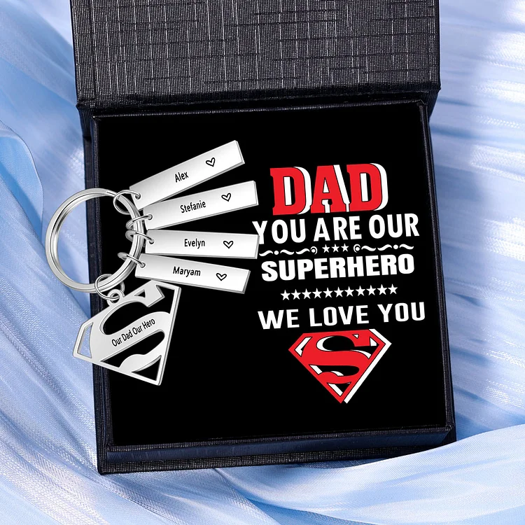 Custom Superhero Dad Sign Keychain Engrave 4 Names For Dad