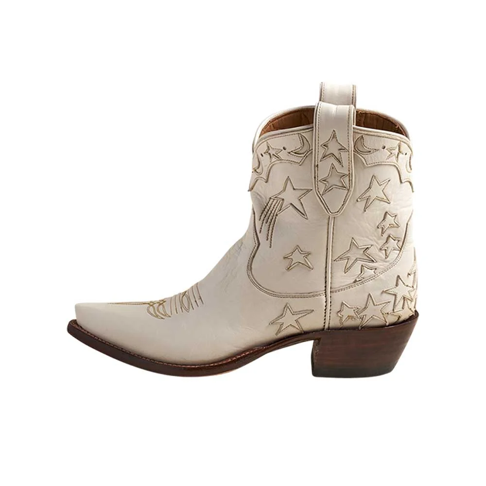 White Snip Toe Booties Stars Pattern Cowgirl Boots with Chunky Heel Nicepairs