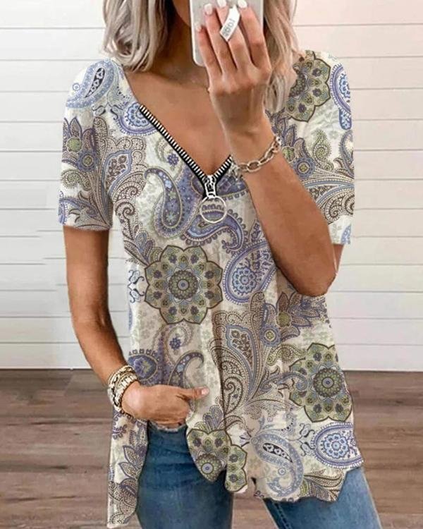 Low-Cut Zipper Flower Printed Tops - Chicaggo