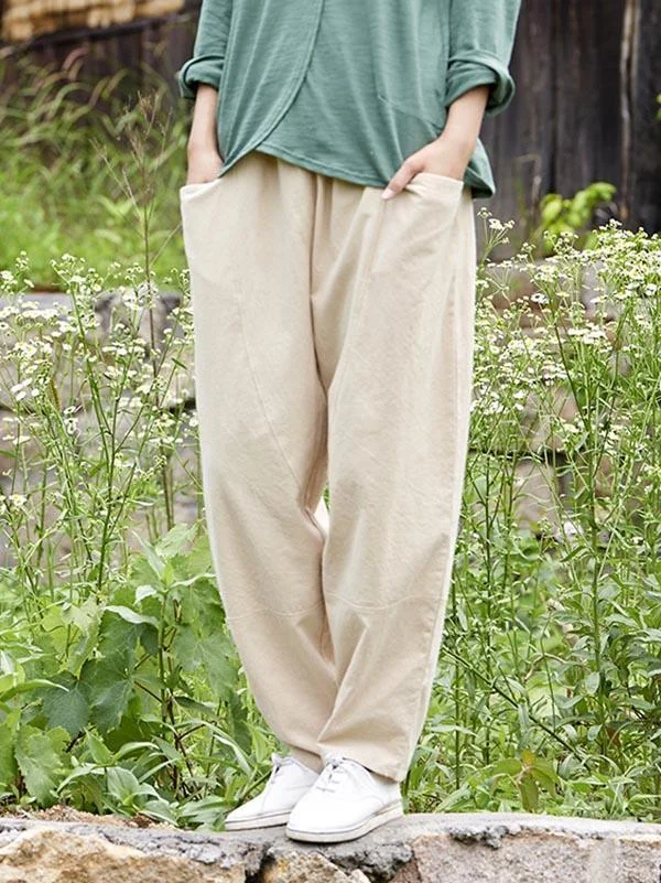 White&Beige Split-joint Casual Linen Pants