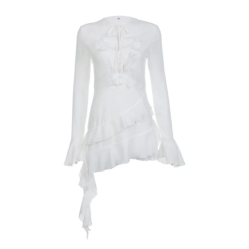 ABEBEY-Flare Sleeve White Mesh Ruffles Dress