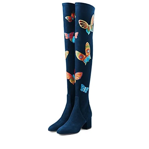 Navy Butterflies Over-the-knee Chunky Heel Suede Boots Vdcoo
