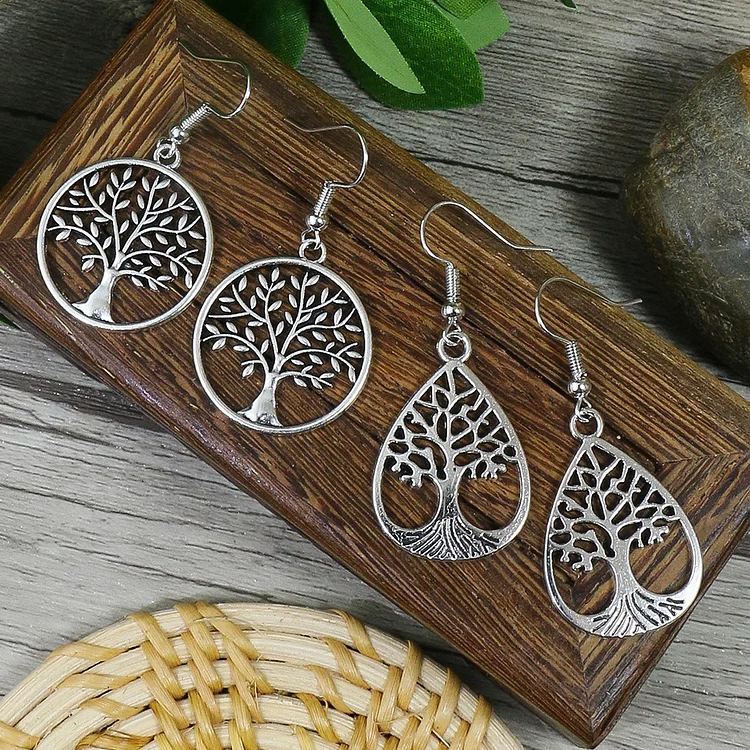 Antique  Vintage Style Round Drop Shape Hollow Tree Of Life Pendant Earrings 2 Pairs Set