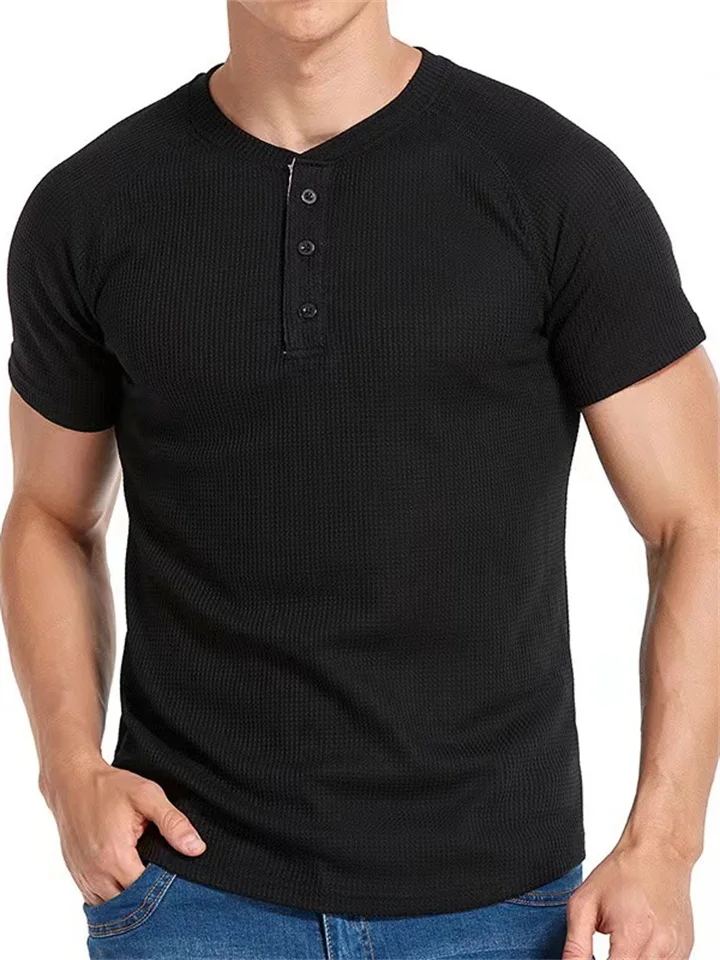 Men's Sports Casual Solid Color Tops Waffle Round Neck Buttons Shoulder Sleeve Short Sleeve T-shirt Men's Henley Shirt-Cosfine