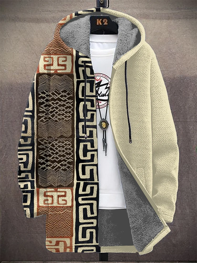 Men's Black Tribal Geometric Art Print Hooded Trench Coat