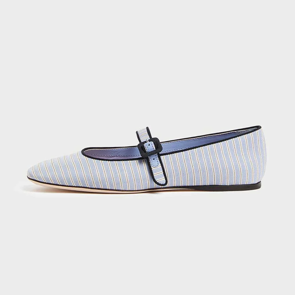 Blue Stiped Textile Sophisticated Square Toe Mary Jane Flats Slip-On Convenience Nicepairs