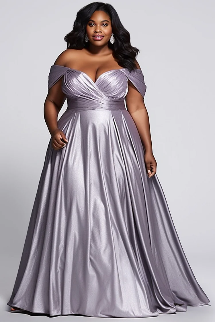Xpluswear Design Plus Size Formal Elegant Purple Off The Shoulder Fold Glitter Maxi Dresses