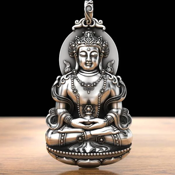 Sterling Silver Guanyin Sitting Lotus Buddha Pendant Necklace