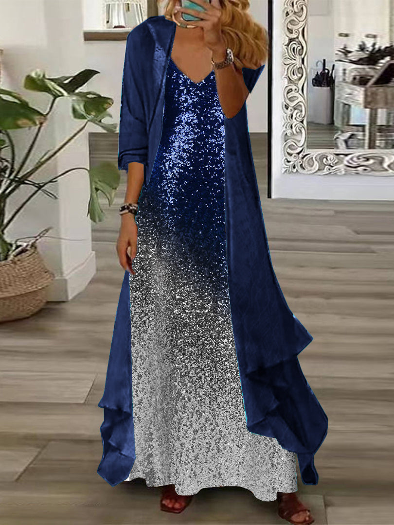 Women's Long Sleeve V-neck Colorblock Printed Two Pieces Maxi Dress